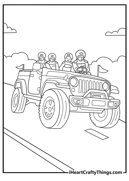 Memorial Day coloring pages printable with a vintage military jeep in a town parade