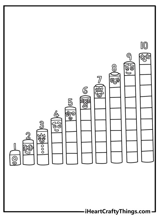Numberblocks coloring page for kids featuring Ten counting objects from one to ten
