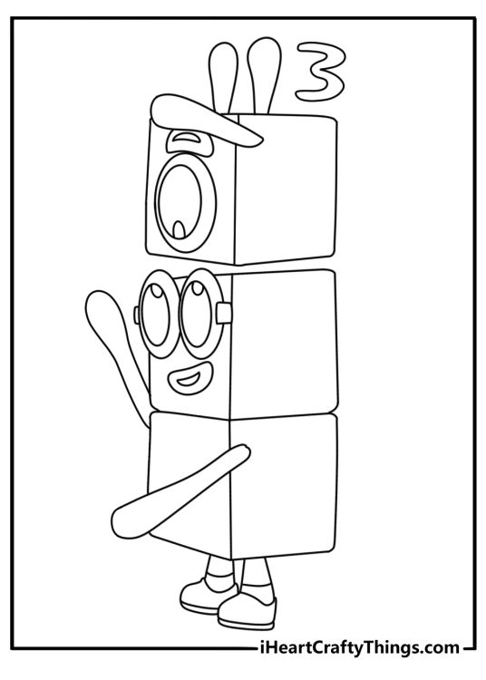 Numberblocks coloring page showing One and Two joining to make Three