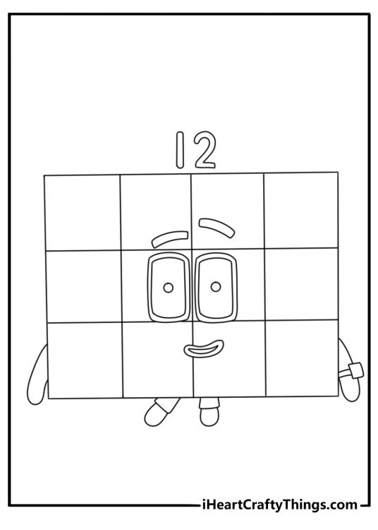 Numberblocks coloring pages scene featuring Twelve arranged in three rows of four