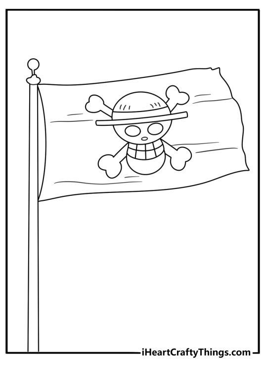 One Piece coloring page for kids with the Straw Hat crew flag on a mast