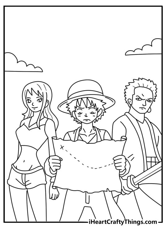 One Piece coloring page with Luffy and the Straw Hat crew around a treasure map