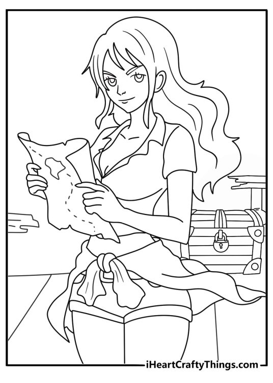 One Piece coloring page with Nami reading a map beside treasure chests