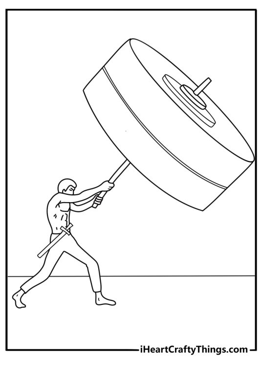 One Piece coloring page with Zoro training beside weights and swords