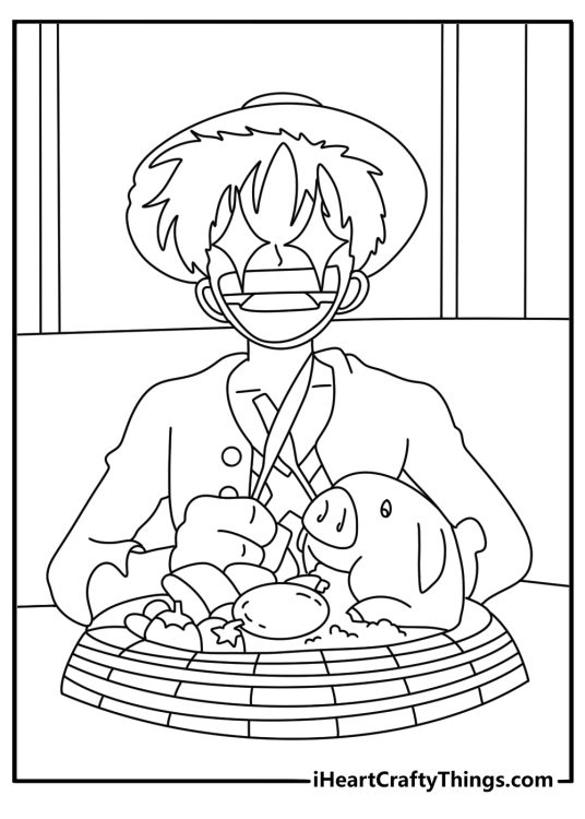 One Piece coloring pages scene with Luffy reaching for food at a pirate feast