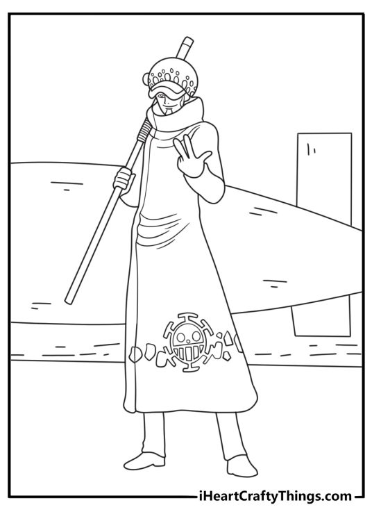 One Piece coloring pages with Trafalgar Law holding a sword near his submarine