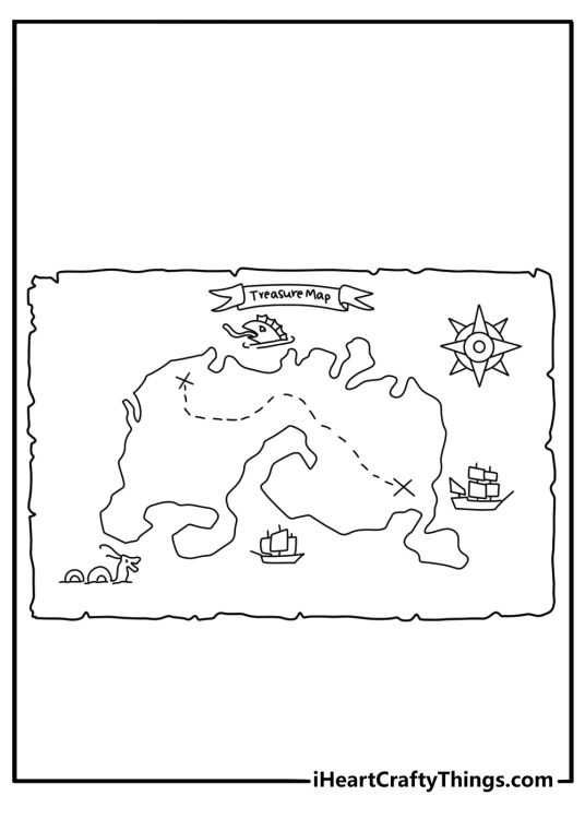 One Piece coloring sheet for adults with a pirate map island and sea monsters