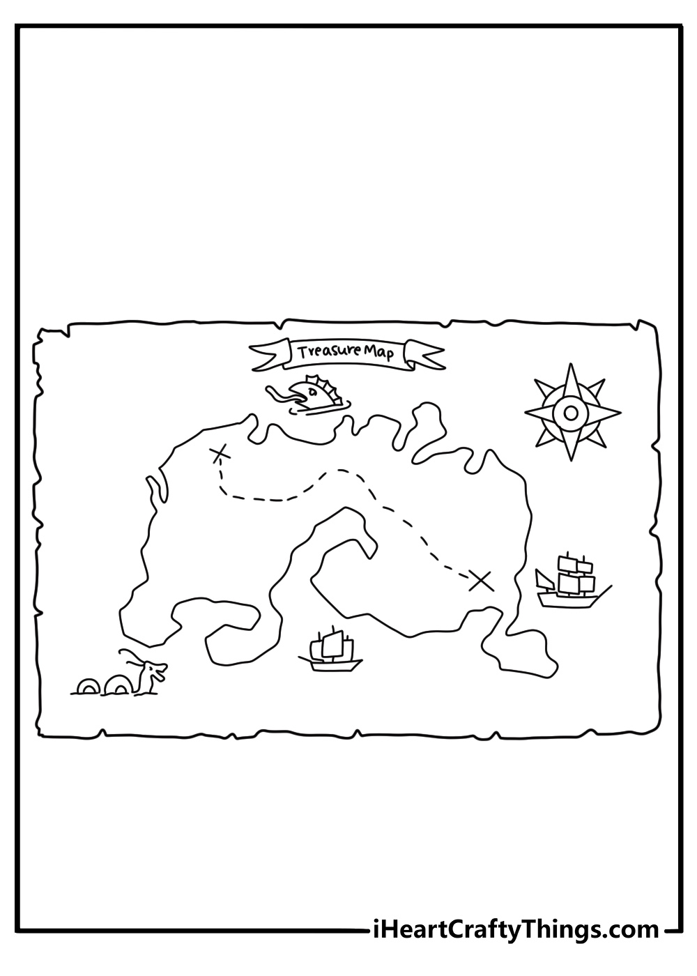 One Piece coloring sheet for adults with a pirate map island and sea monsters