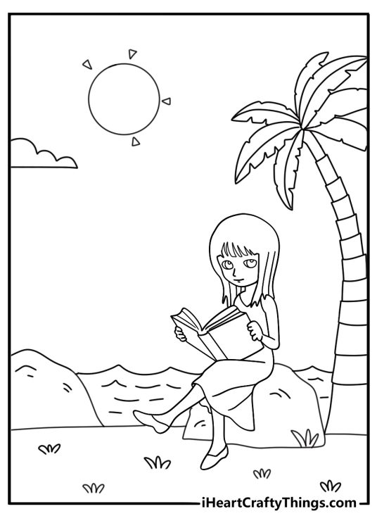 One Piece coloring sheet with Nico Robin reading a book under palm trees