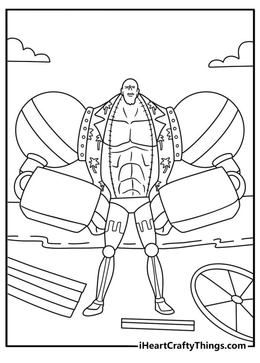 One Piece printable with Franky fixing ship parts near tools