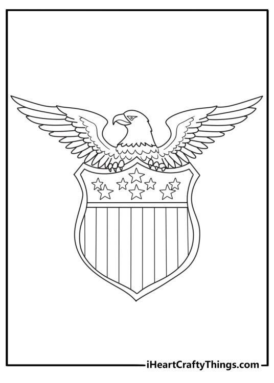 Patriotic Memorial Day coloring sheet with a bald eagle perched on a shield