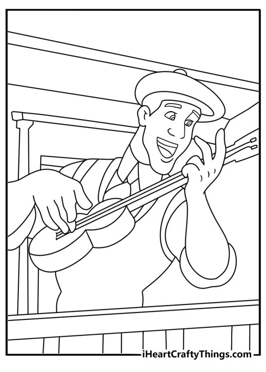 Prince Naveen practices music on a balcony in this free coloring