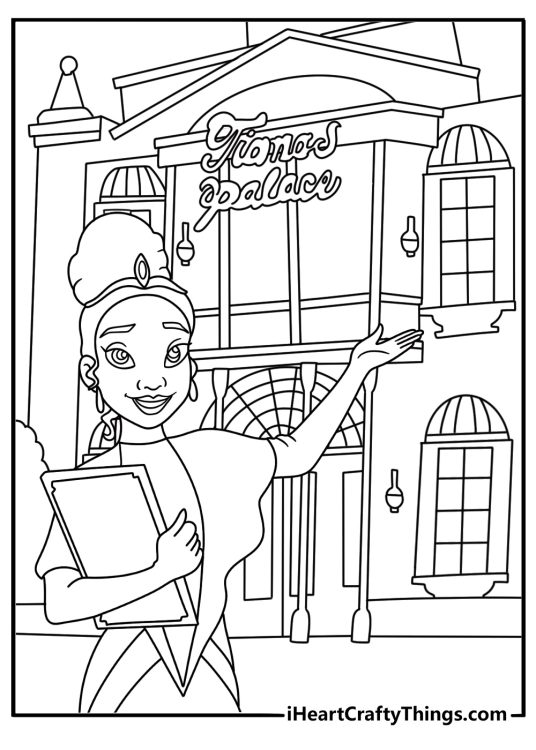 Princess and The Frog coloring page showing Tiana opening the doors to her new restaurant