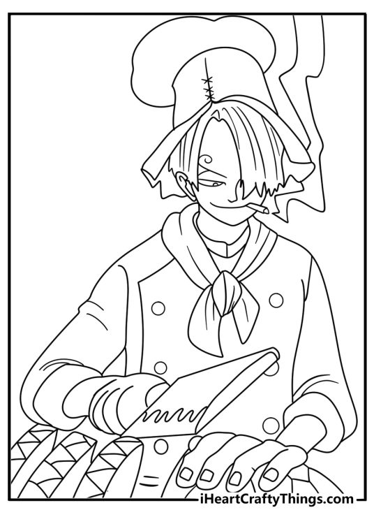 Printable One Piece coloring page of Sanji cooking in the ship kitchen