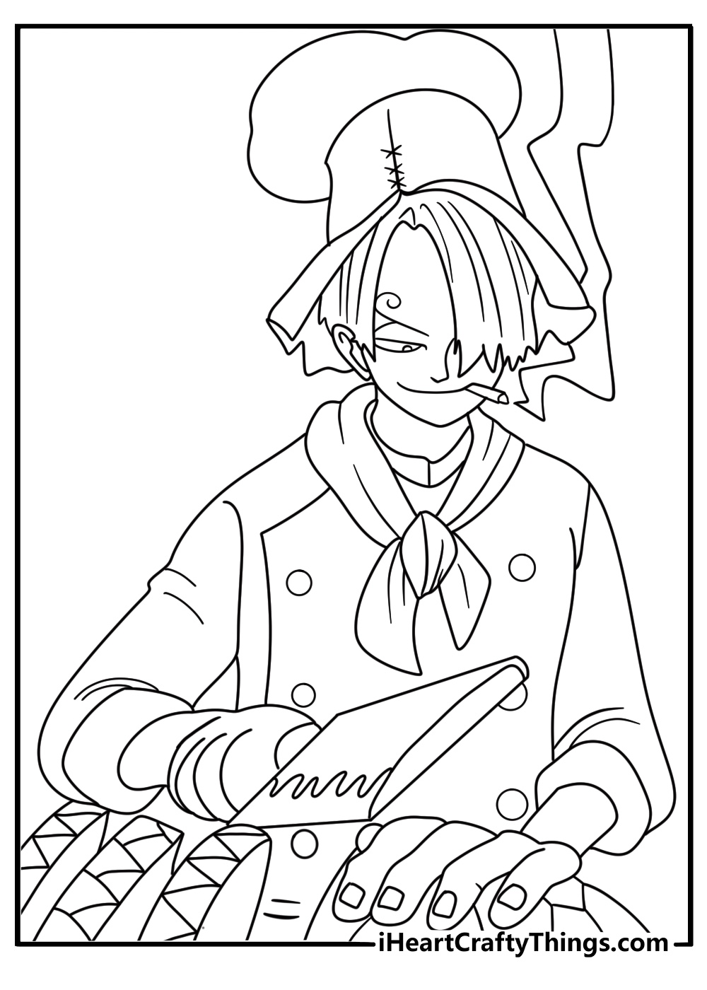 Printable One Piece coloring page of Sanji cooking in the ship kitchen