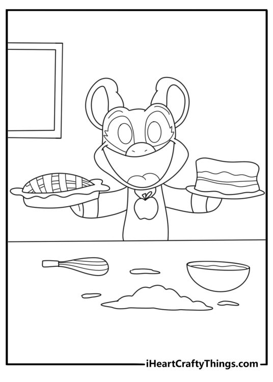 Printable Smiling Critters coloring page of PickyPiggy baking a pie in a kitchen