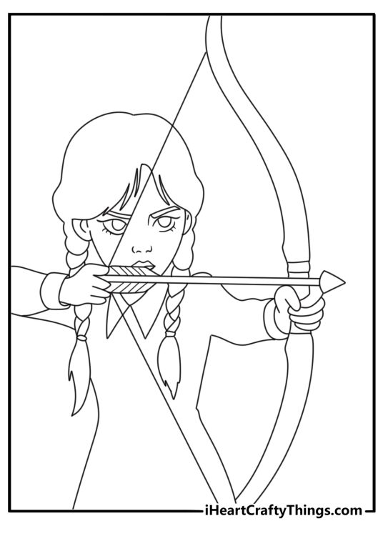 Printable Wednesday sheet showing her aiming a bow at an archery target