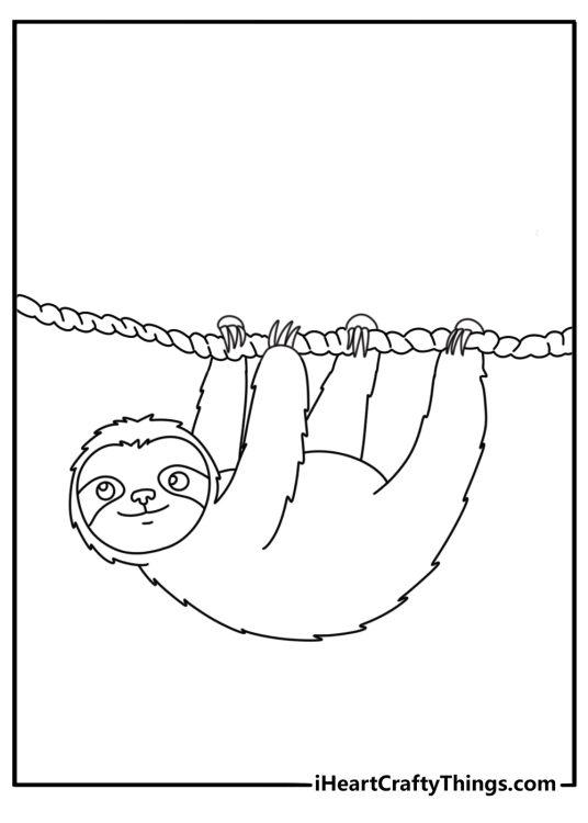 Printable animal page featuring a sloth crossing a canopy ladder
