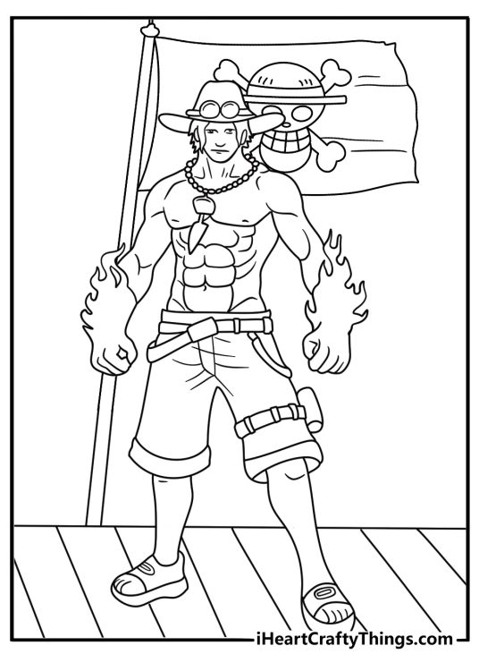 Printable coloring page of Ace using fire near a pirate flag