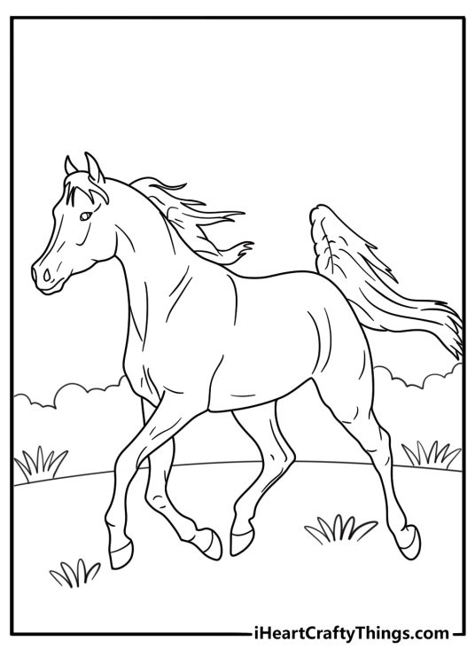 Printable coloring picture of a realistic horse featured running outdoors surrounded by nature