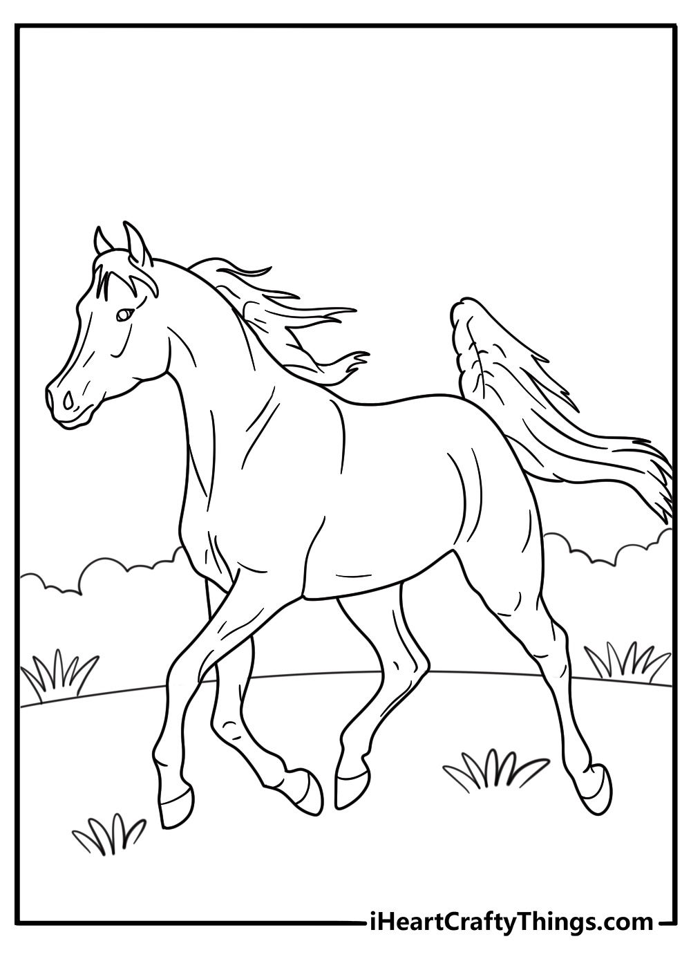 Printable coloring picture of a realistic horse featured running outdoors surrounded by nature