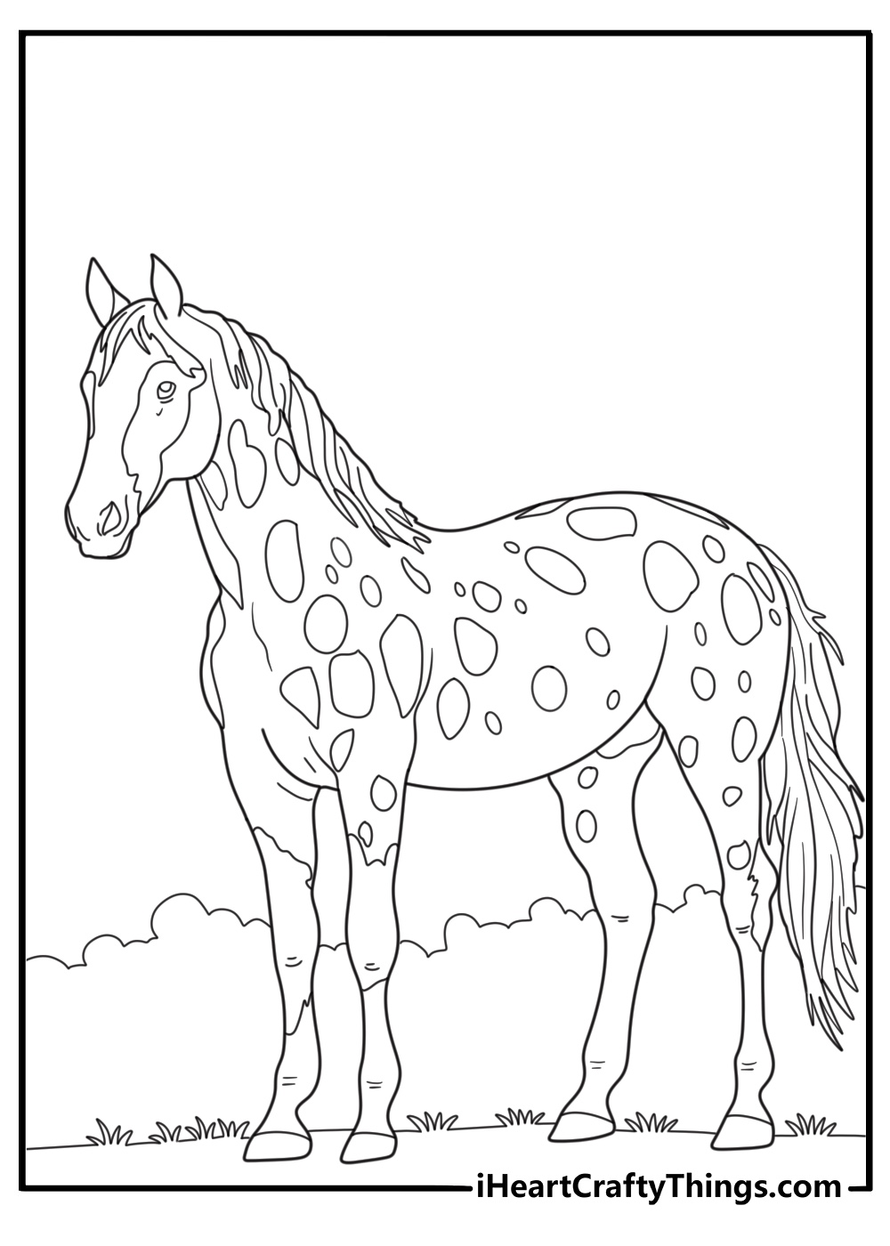 Printable coloring poster featuring rare to find spotty horse surrounded by nature