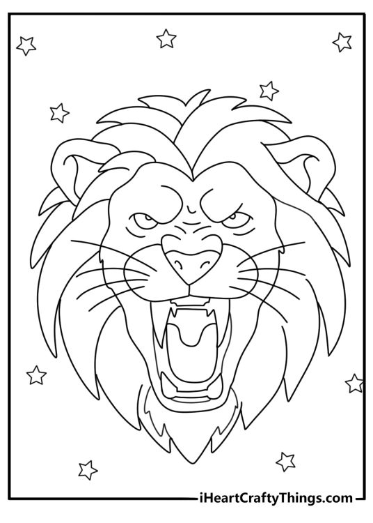 Printable coloring sheet for children presenting close up image of a roaring lion with stars all around it