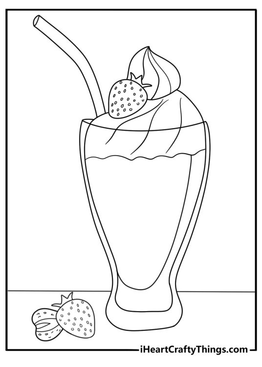 Printable coloring sheet for kids showing a tall glass strawberry milkshake with straw and berry slices