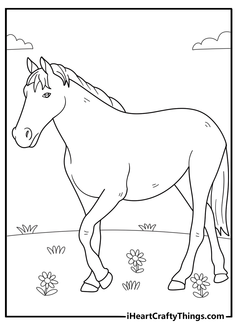 Printable coloring sheet for pre schoolers depicting adult horse walking on a meadow
