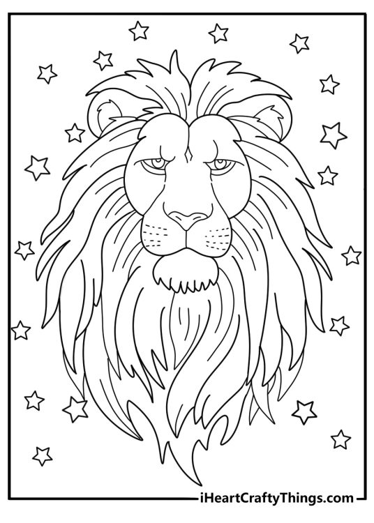 Printable coloring sheet presenting highly detailed lion face with stars all around it
