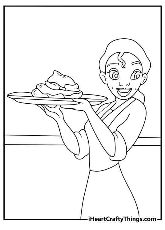 Printable coloring sheet showing Tiana carrying a tray of fresh beignets