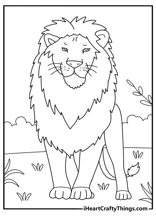 Printable illustration for children presenting adult lion with rich mane posing surrounded by nature
