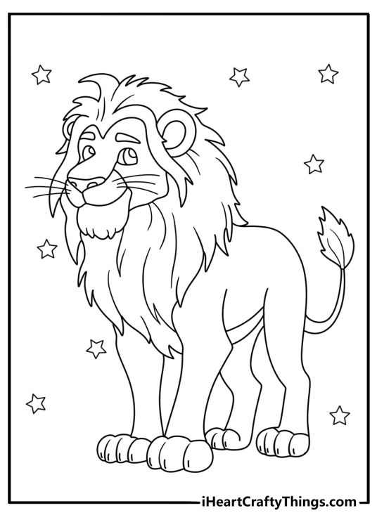 Printable illustration for children presenting adult lion with stars in the background