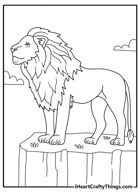 Printable lion coloring page of a lion standing on a rocky ledge