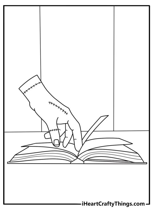 Printable mystery page featuring Thing turning the pages of a diary