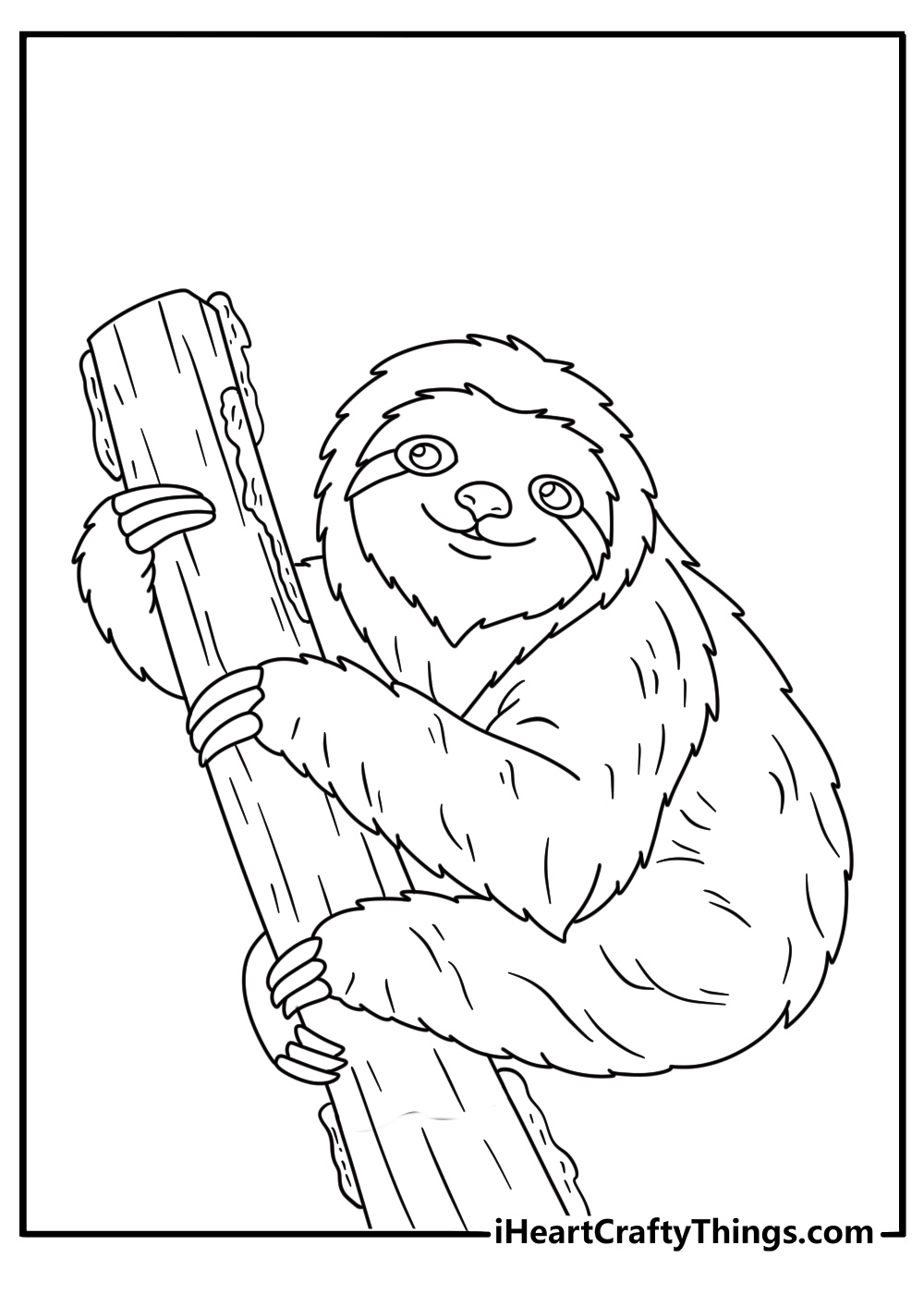 Printable sloth coloring page with green algae patterns across thick fur