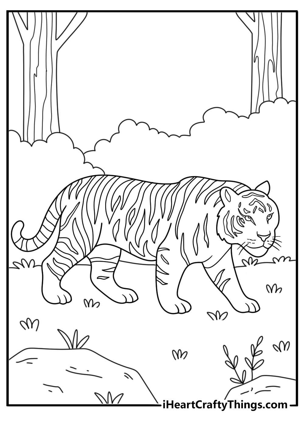Printable tiger coloring sheet with a tiger crossing a jungle path
