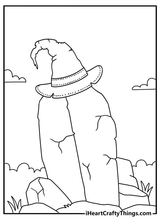 Printable witch coloring sheet featuring a pointed hat beside rune stones