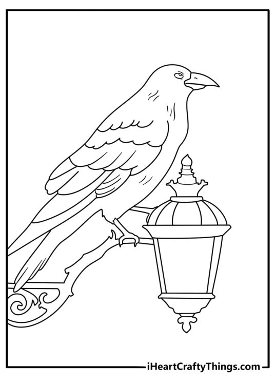Printable witch scene featuring a raven perched beside an old lantern
