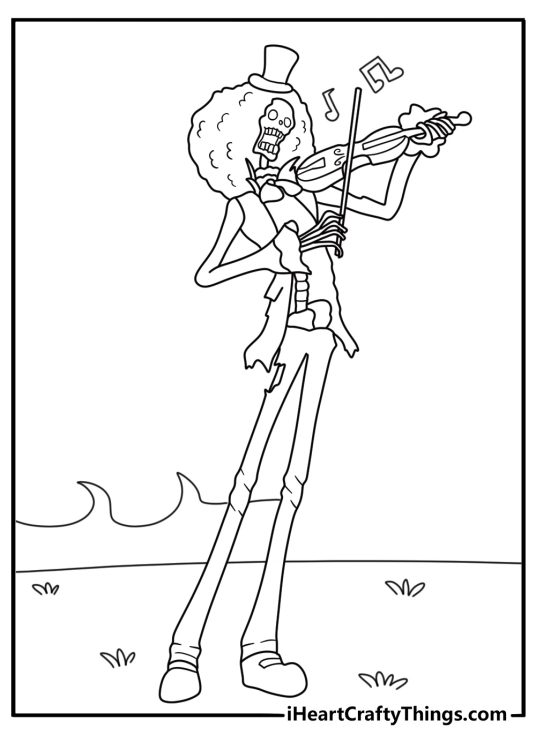 Simple One Piece coloring page with Brook playing violin beside music notes