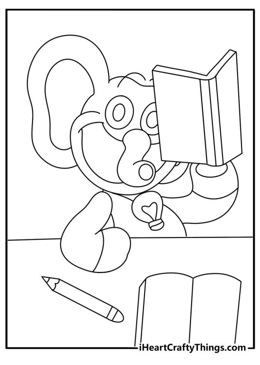Simple Smiling Critters coloring page with Bubba Bubbaphant reading a book at a desk