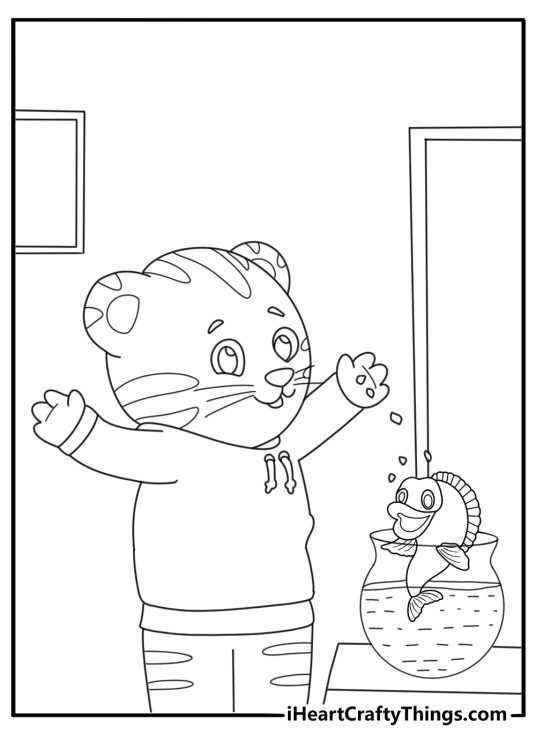 Simple coloring page of Daniel Tiger feeding pet fish in a small bowl