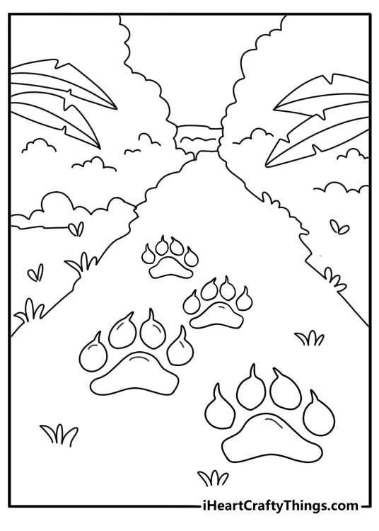 Simple lion coloring page with a lion paw print beside grass