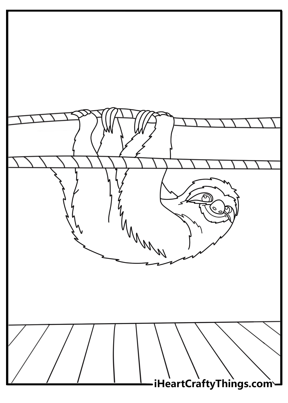 Sloth coloring page showing a three toed sloth crossing a rope bridge