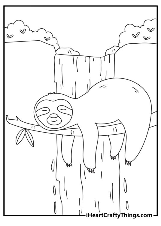 Sloth coloring pages scene featuring a sloth above a forest waterfall