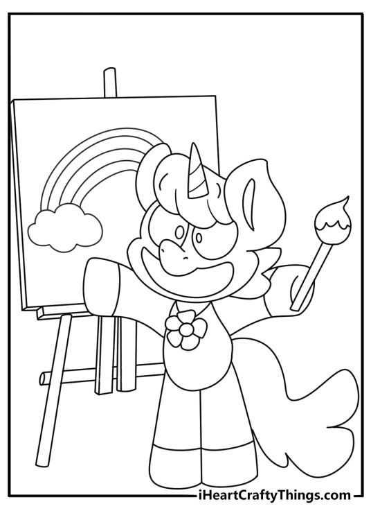 Smiling Critters coloring page with CraftyCorn holding a paint brush near a rainbow canvas