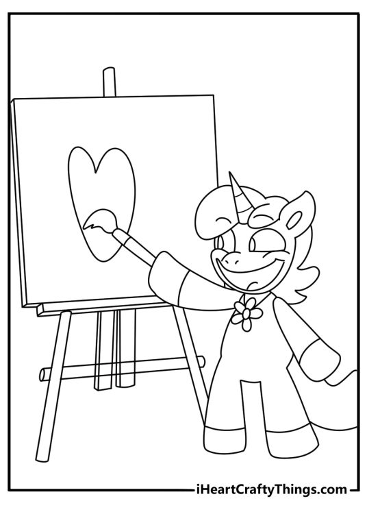 Smiling Critters coloring page with CraftyCorn painting at an easel