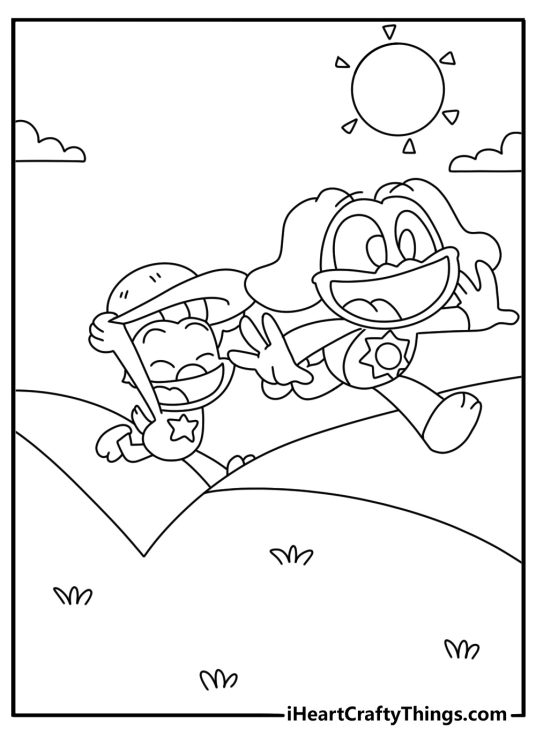 Smiling Critters coloring pages scene with DogDay leading friends on a sunny path