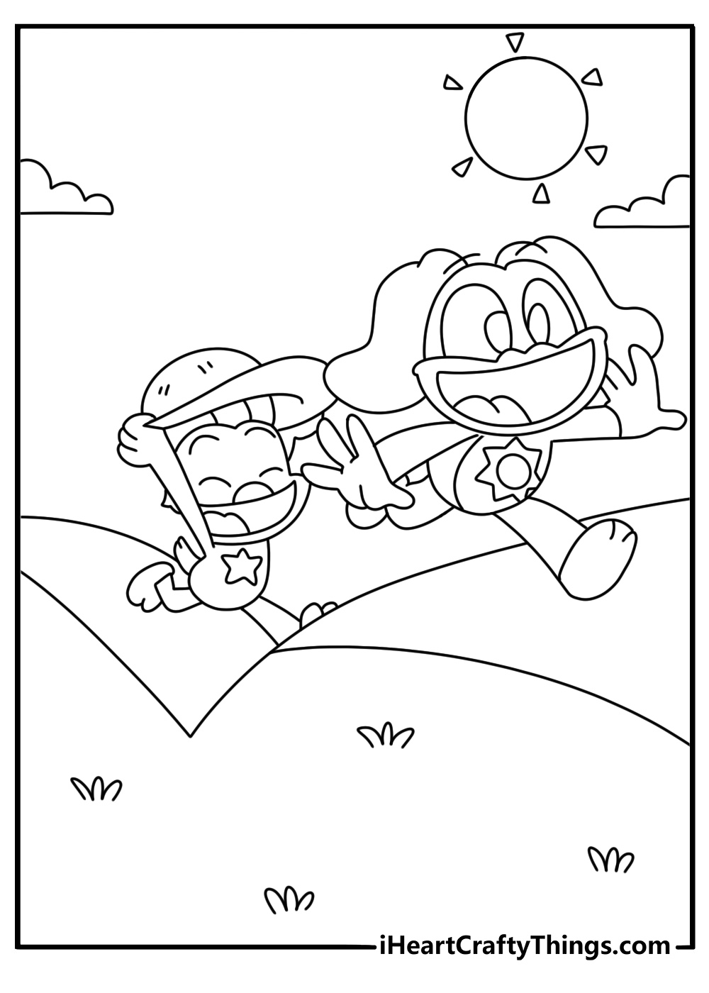 Smiling Critters coloring pages scene with DogDay leading friends on a sunny path