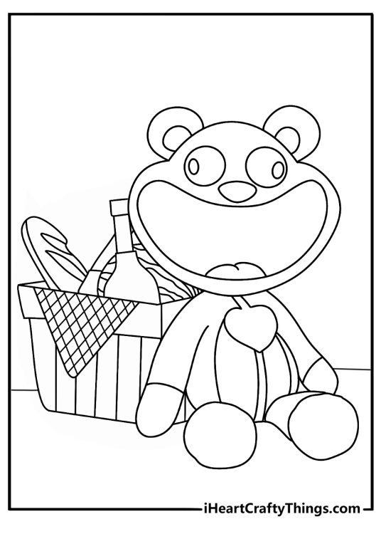 Smiling Critters coloring sheet for kids with Bobby BearHug beside a picnic basket
